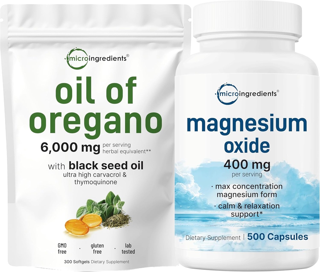 Micro Ingredientes Óleo de Oregano Softgels 6.000mg Por Serving & Magnesium Oxide 400mg Bundle Pack ← 4X Strength Carvacrol & Thymoquinon ← Formulario Elemental para Max Concentration