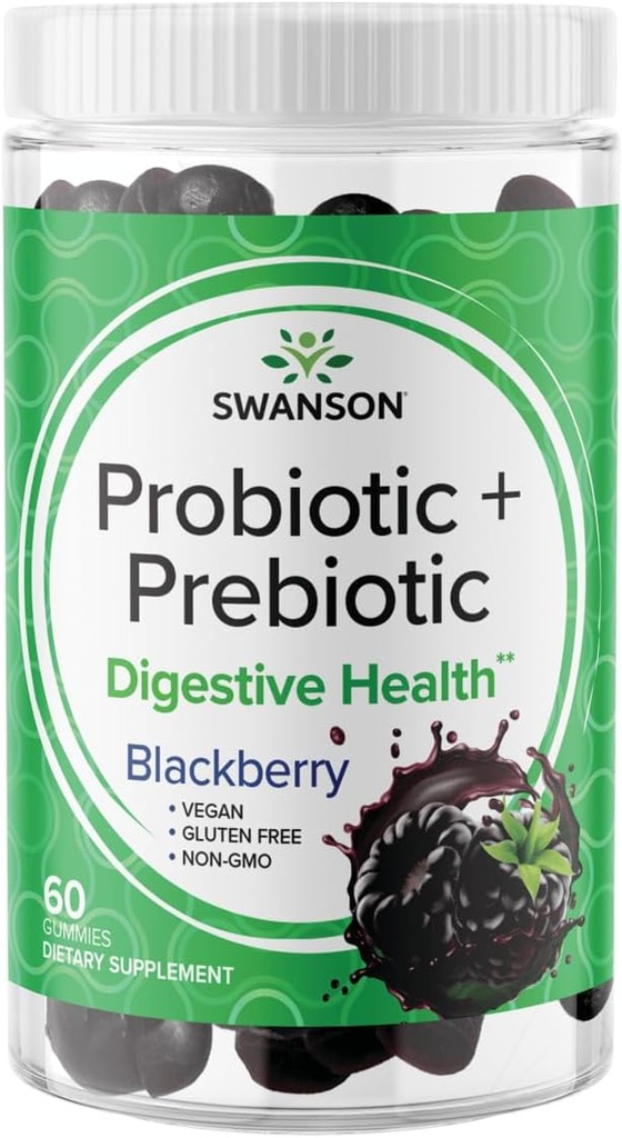 Swanson Probiotic + Prebiotic Gummies - Apoyo Digestivo Suplemento Promoción Función Digestiva " Bowel Regularity - Ayuda a apoyar la salud inmunitaria - (BlackBerry, 60 Gummies)