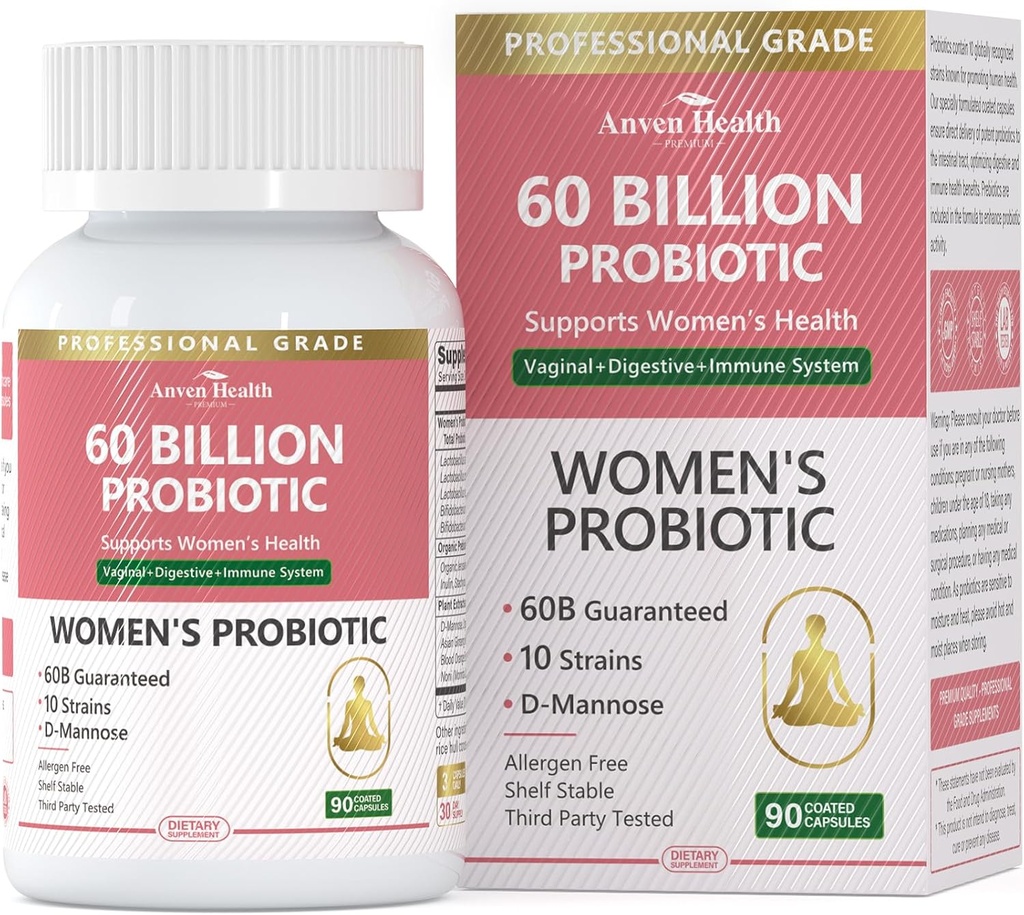 Probióticos y Prebióticos Orgánicos para Mujer PH Balance " Digestión- 60 Billones Probióticos Vaginales CFU con Arándano D-Mannose, Vegano " No-GMO para Urinary Tract " Immune tención 90 Caps
