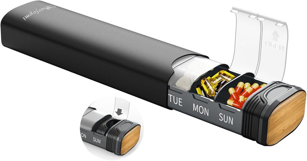 Metal Weekly Pill Organizer, Serfeymi Aluminum Daily Pill Box(Spare Gasket Provided),7 Day Pill Case Travel Medicine Organizer,Pill Containers with Individual Lid for Vitamins,Pills, Supplement-Black