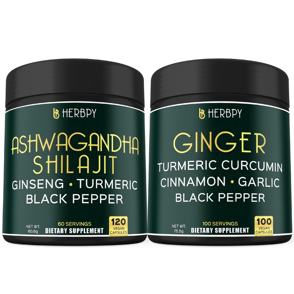 Herbpy Bundle 5in1 Ashwagandha Shilajit & 5in1 Ginger Supplement - Support Heart, Digestion Health and Immune