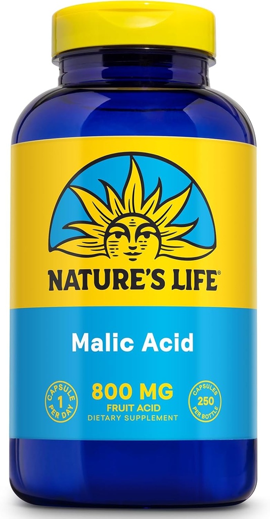 Life Malic Acid Supplement 800 mg - Healthy Muscle Function and Cellular Energy Support - Dietary Fruit Acid - 60-Day Money Back Guarantee, Lab Verified - 250 Servings, 250 cápsulas
