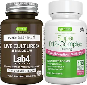 Culturas en vivo+ Lab4 Probióticos + Super B12-Complex, Vegan Bundle, 25 Billones CFU Lactobacillus Acidophilus y Bifidobacterium + Alta Absorción Sublingual B12, por Igennus