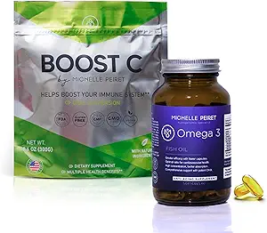 Aceite de pescado Softgels &amp; Vitamina C Blend, Premium Vitamin C Powder &amp; Omega-3 Protocolo, Boosting de energía, Vegan, Gluten-Free (1-Mes de suministro)