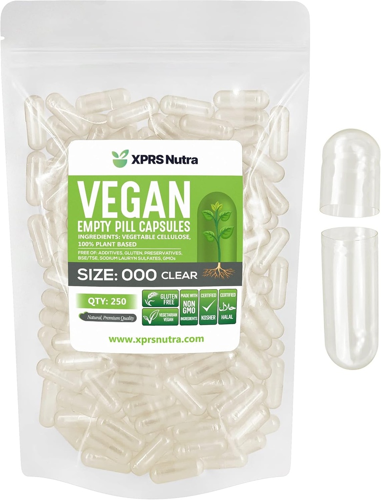 XPRS Nutra Vegan Size 000 Empty Capsules - 250 Cuentas Clear Empty Vegan Capsules - Vegetarian Pill - DIY Vegetable Capsule Filling - Veggie Pill Caps Pills