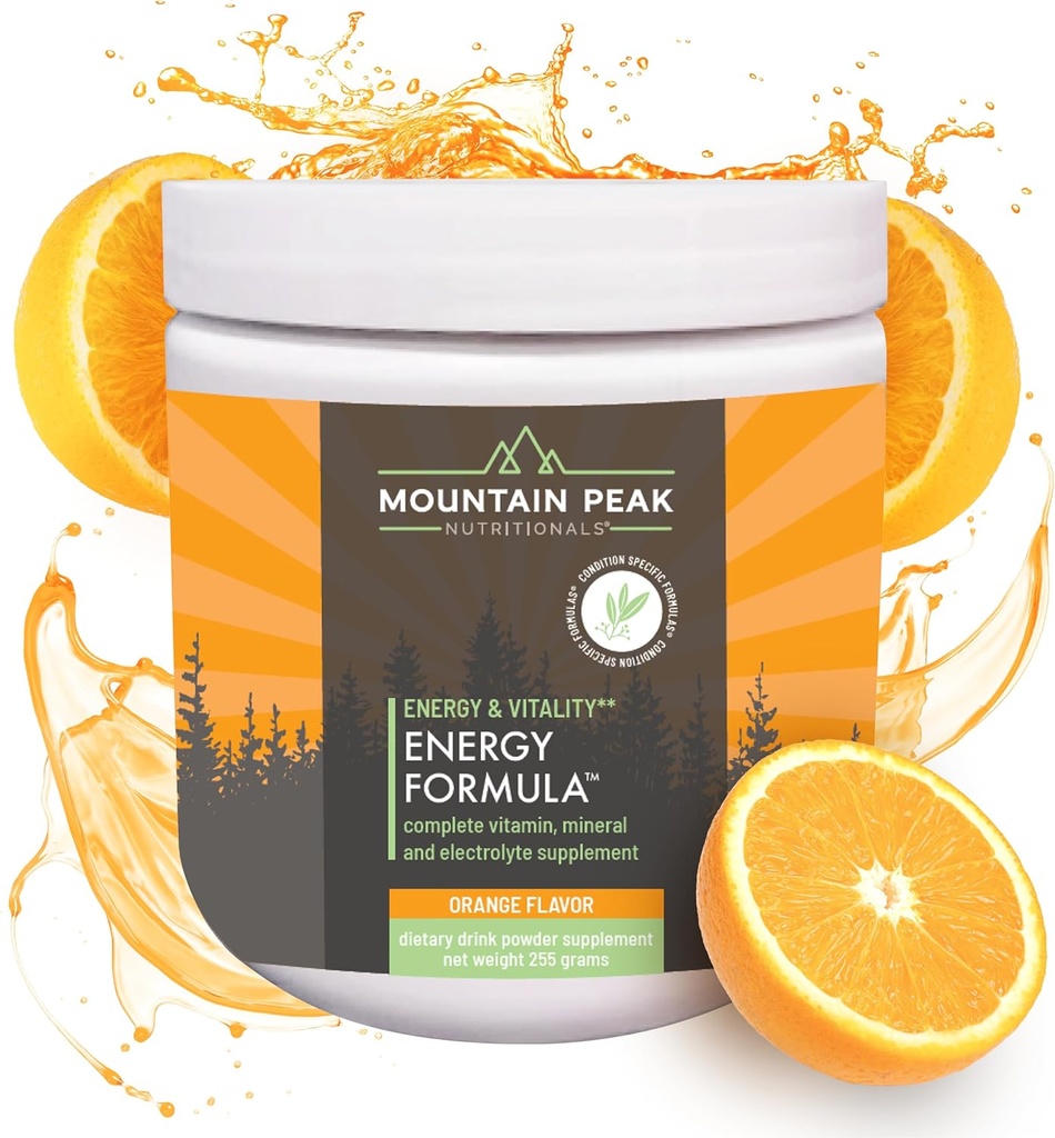 Mountain Peak Nutritionals Energy Formula - All in One Multi-Mineral Powder - Complete Nutrition, Vitamina, Mineral y Electrolyte Supplement for Men &amp; Women - Orange Flavor (255g, 30 Servings)