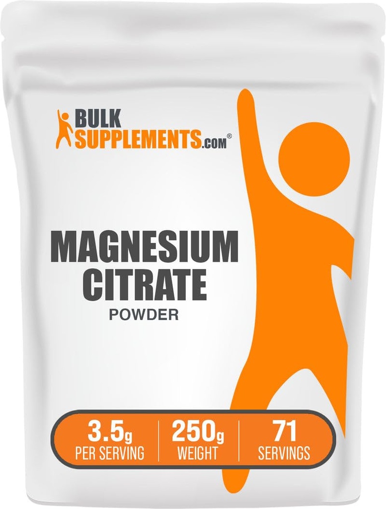 BulkSupplements.com Polvo de Citrato de Magnesio - Suplemento de 400 mg de Magnesio, Fácilmente Absorbable - Puro &amp; Gluten Gratis, 3.5g por Serving, 250g (8.8 oz) (Pack of 1)