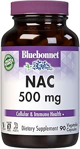 Bluebonnet NAC Suplemento N-Acetyl-L-Cysteine 500 mg - Antioxidante Celular Health & Immune Support - Free-Form Amino Acid for Women ' Men - Non-GMO, Kosher, Gluten-Free - 90 cápsulas vegetales
