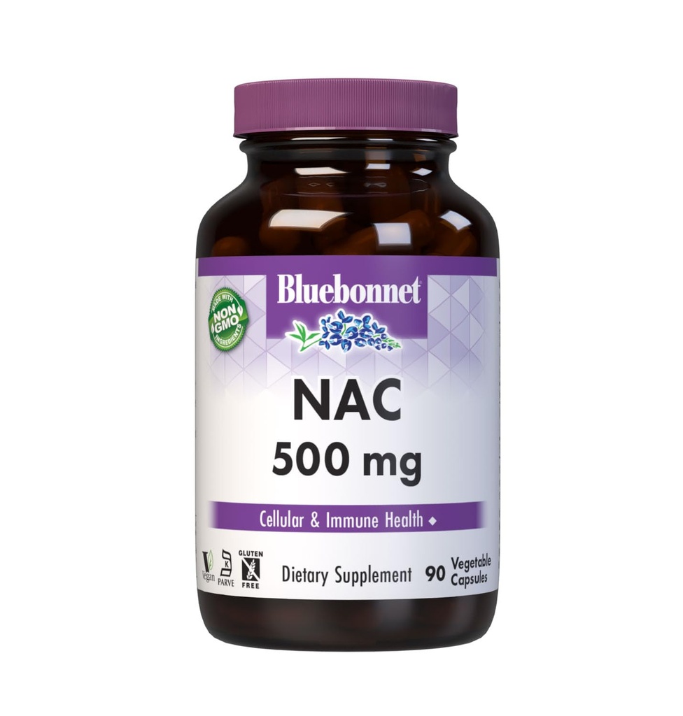 Bluebonnet NAC Supplement N-Acetyl-L-Cysteine 500 mg - Antioxidant Cellular Health & Immune Support - Free-Form Amino Acid for Women & Men - Non-GMO, Kosher, Gluten-Free - 90 Vegetable Capsules