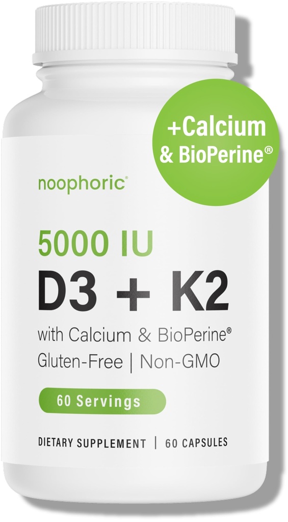 Noophoric Vitamin D3 K2 5000 IU, D3 with K2 MK7, Vitamin D3 K2 Capsules with Calcium and BioPerine, Non GMO Gluten Free Soy Free, 60 Capsules