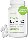 Noofric D3 K2 Vitamina 5000 UI - Vitamina K2 100 mcg MK7, Calcium, BioPerine - Bone Health &amp; Immune Support Suplemento - Gluten-Free, Non-GMO - Vitamina D3 K2 Suplemento (60 Serviciones)