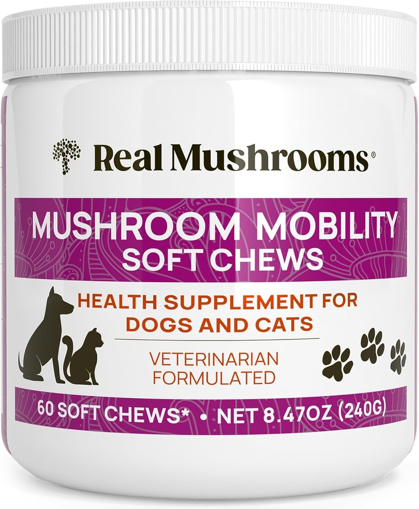 Real Mushrooms Mobility Chews for Dogs & Cats – Green Lipped Mussel & ErgoGold Mushroom Blend – Dogs & Cat Vitamins Treats for Active Routines – Joint, Hip & Flexibility Support – 240 ct Suplemento