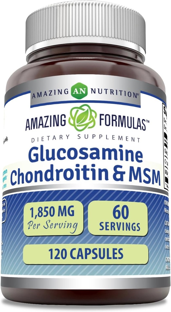 Amazing Fórmulas Glucosamine Chondroitin MSM 1850 mg Por Serving Capsules Suplemento  Non-GMO TEN Gluten Free TEN Made in USA (120 Count)