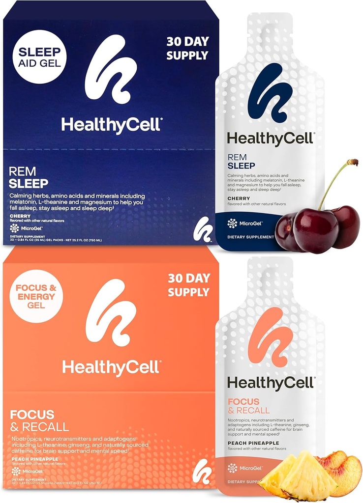 Healthycell REM Sleep Aid Suplemento + Focus &amp; Recall Brain Supplement for Memory & Focus Bundle
