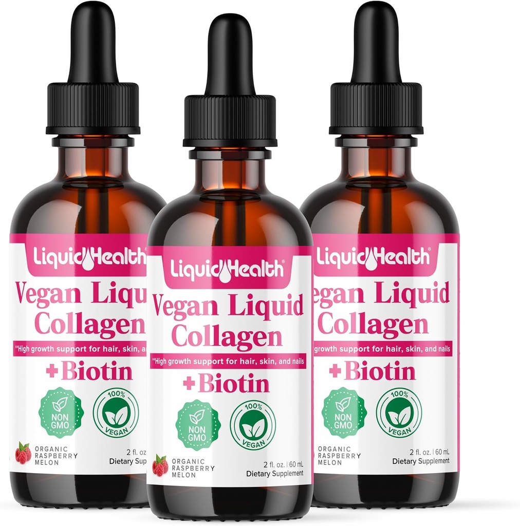 LIQUIDHEALTH 100% Vegan Collagen Plus Biotin 100.000mcg Liquid Drops - Collagen Líquido de base vegetal para hombres y mujeres - Hair & Nail Growth, Skin Health, Boosts Metabolism - Made in USA, Non-GMO (3 Pack)
