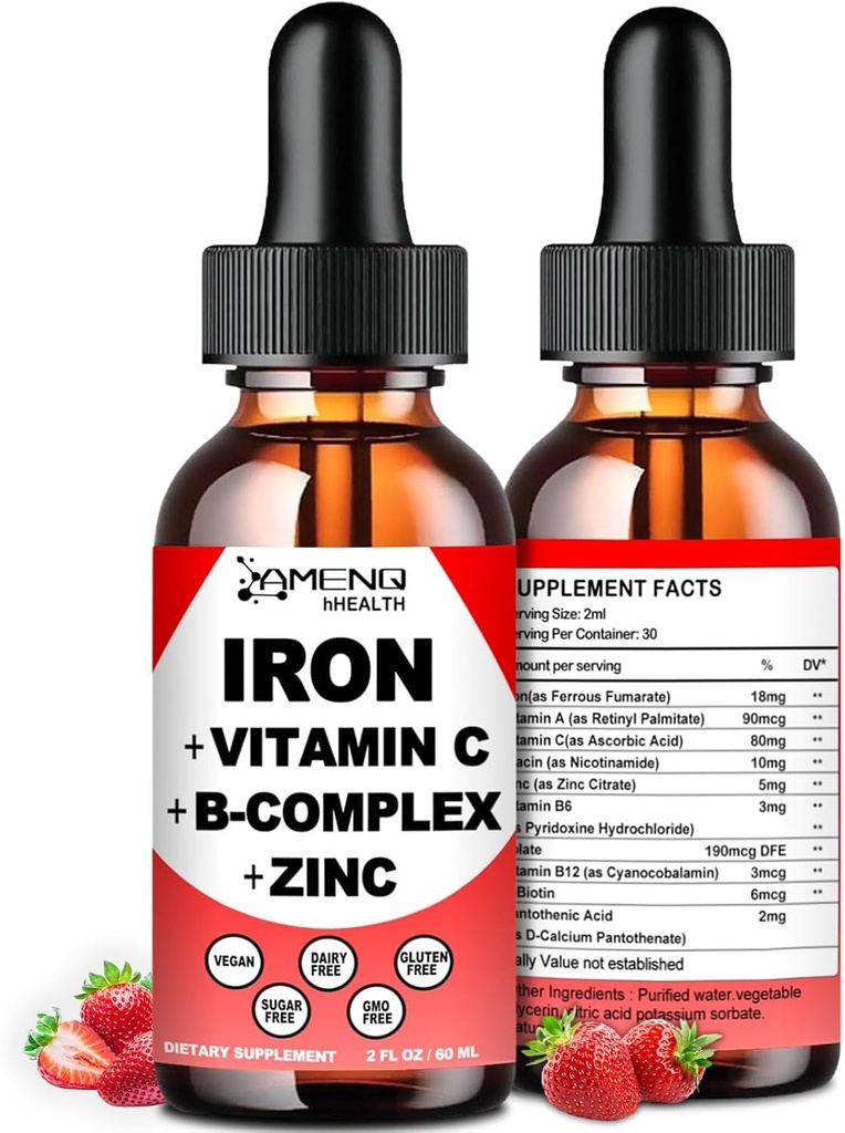 Suplemento líquido de hierro w / Vitamin C, A, B-Complex, Vegan Iron gota de alta potencia Vitamina líquida " Suplementos de hierro para mujeres, hombres " niños -Apoyo Celda de sangre roja, energía, anemia " fatiga