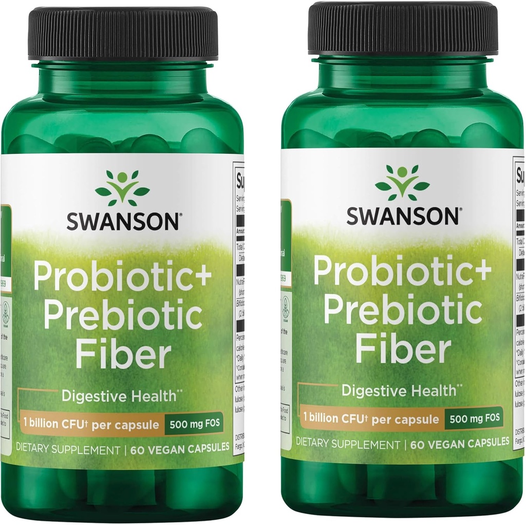 Swanson Prebiótico + Fibra Probiótica - Suplemento Natural Promoviendo Sistema Digestivo &amp; Immune Health Support - Ayudas Regularidad & GI Tract Health - (60 cápsulas, 500 millones de CFU cada uno) (2 Pack)