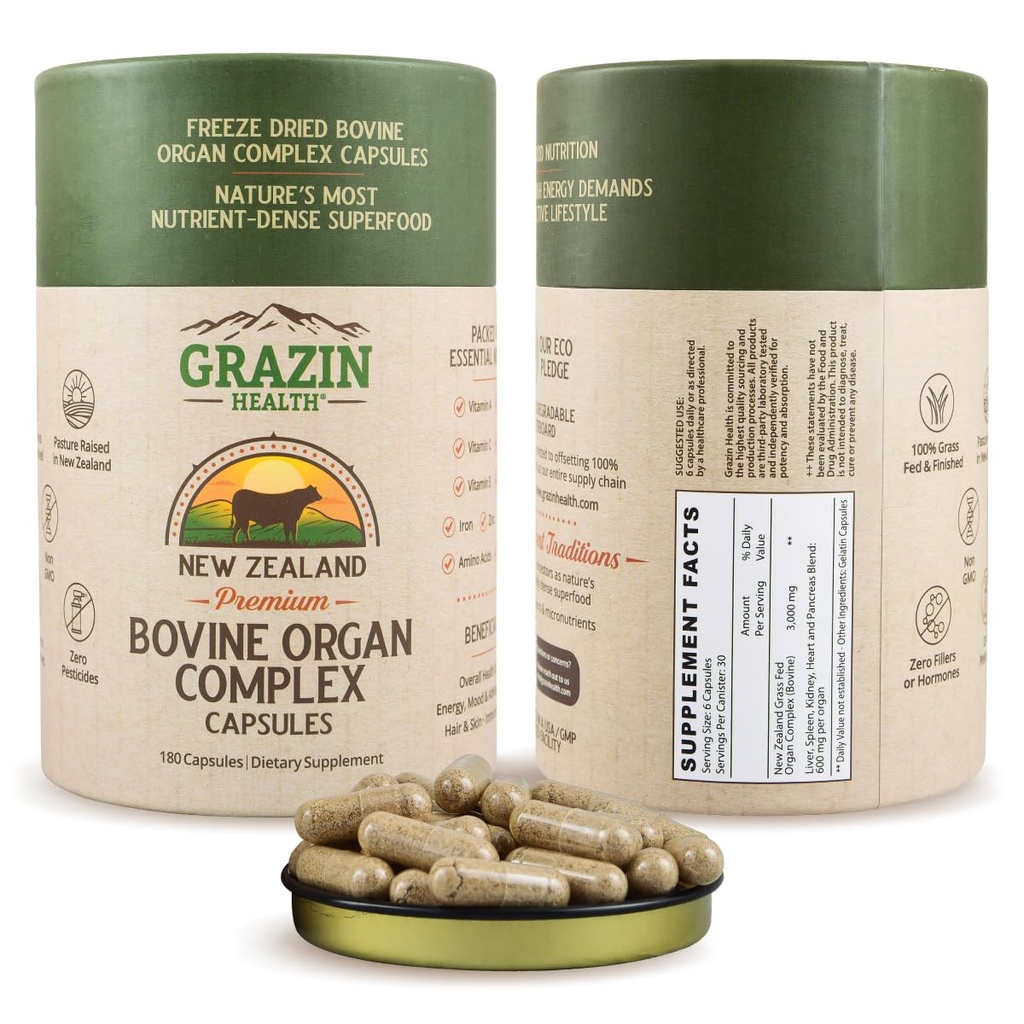 Complejo de Órganos Fed Bovine: Liver, Spleen, Kidney, Heart, Pancreas (600 Mg por órgano por cápsula), 3000 Mg por Serving (30 Servimientos)