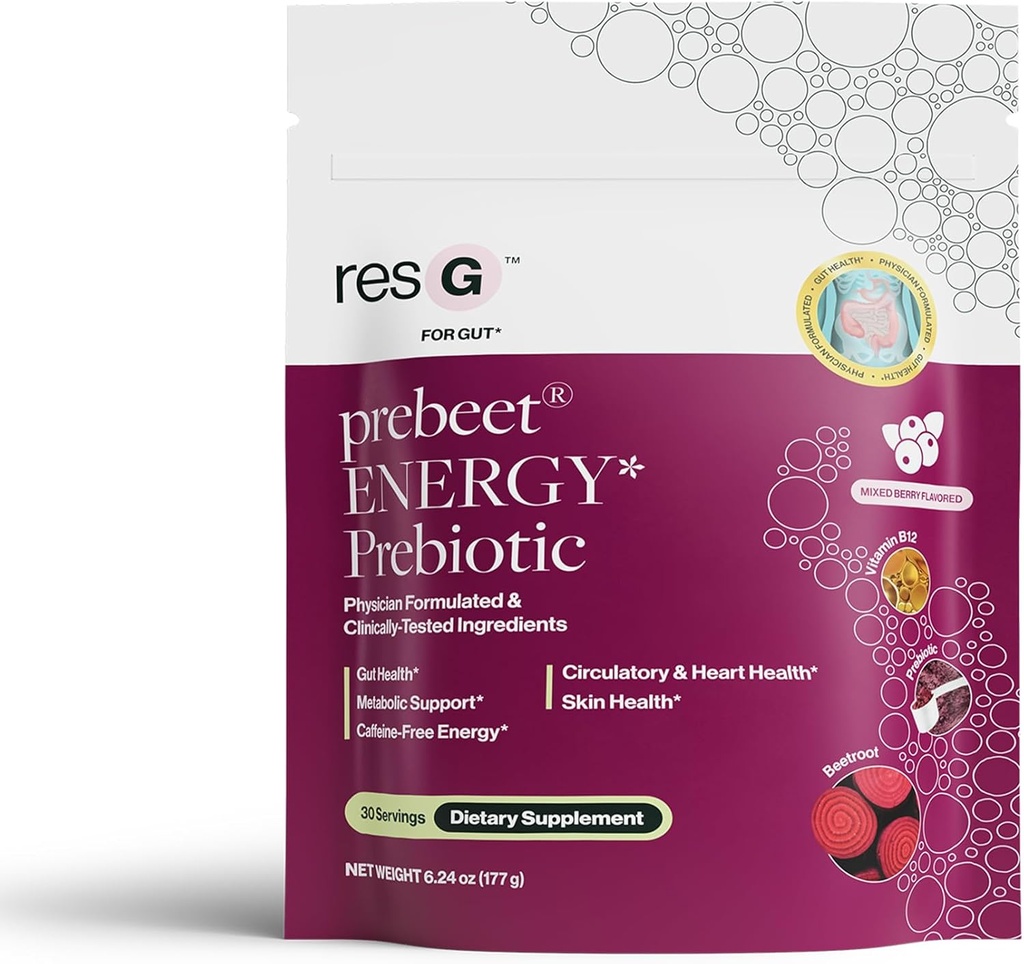 ResBiotic resG prebeet - Prebiotics Drink for Digestion, Occasional Constipation, Gas, Bloating with Akkermansia " GLP-1 Support w/Beet Root " Fiber, Gut Health for Women " Men - 180g (30 Servings)