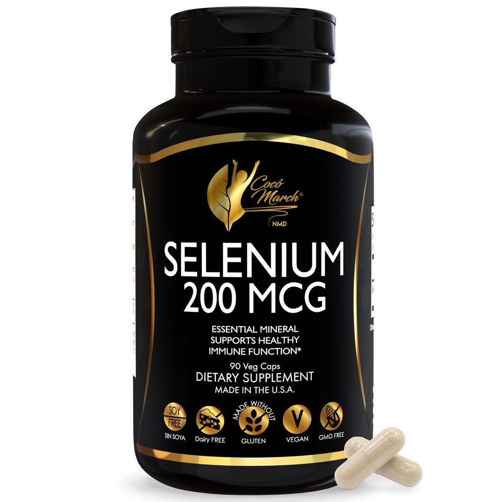 Cocó Marcha N.M.D Selenium - Mineral esencial para la salud tiroidea -200 mcg- 3 Month Supply -Gluten Free, Soy Free, Dairy Free, GMO Free, Vegan - 60 cápsulas