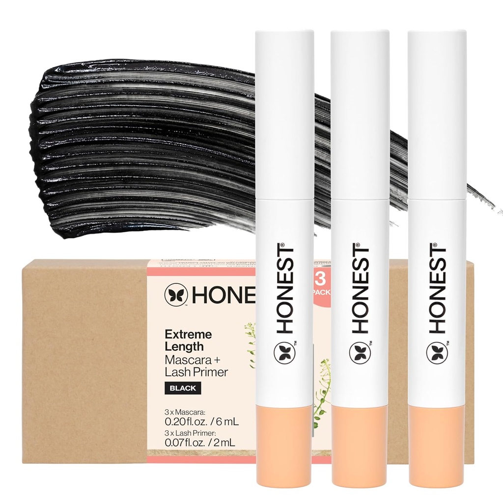 Honest Beauty 2-in-1 Extreme Longitud Mascara + Lash Primer 3-Pack ← Cruelty Free + Safe for Sensitive Eyes ← 0.27 fl oz each (pack of 3)