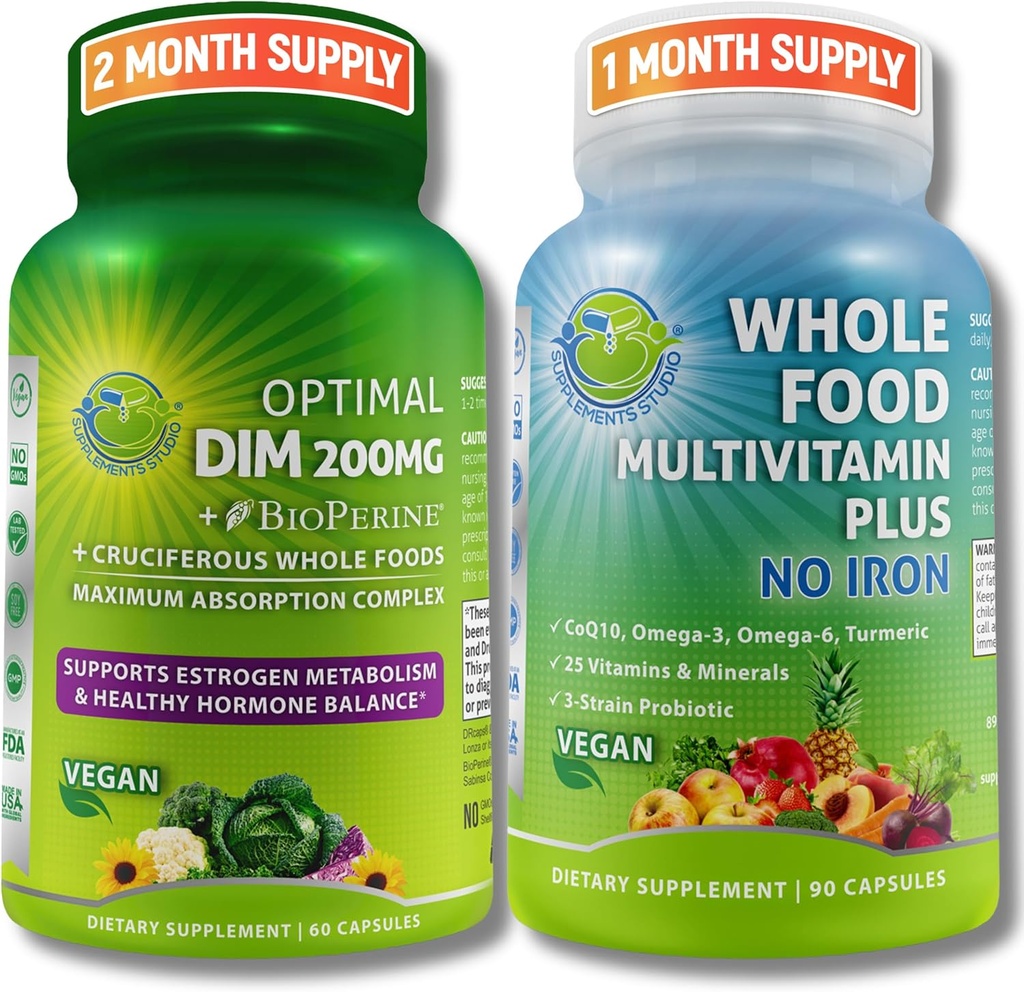 Vegan Multisistema Soporte con CoQ10, Omega-3, Probióticos " Turmérico - Optimal DIM 200mg con BioPerine " Cruciferous Vegetables " Whole Food Multivitamin Plus (No Iron) para Hombres " Mujeres limpias