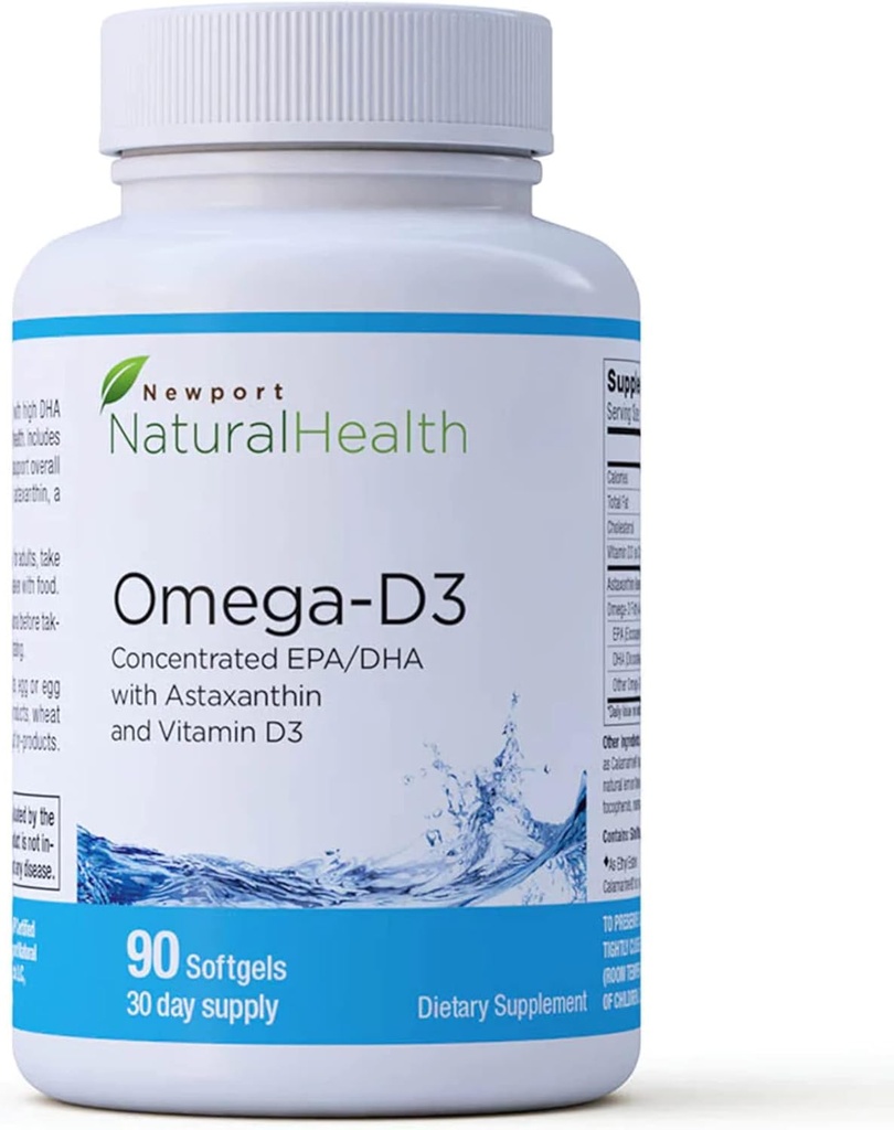 Omega-D3, EPA concentrada " DHA, Astaxanthin " Vitamin D3 tención Superior DHA " EPA Ratio for Heart, Brain, Joint " Immune Health, proveniente de Calamarine Sostenible (Squid Oil)