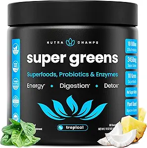 NutraChamps Super Greens Powder Premium Superfood ← 20+ Organic Green Veggie Whole Foods ¦ Wheat Grass, Spirulina, Chlorella ANTE Antioxidante, Enzyme Digestivo &amp; Blends Probióticos (9.1 OZ, Tropical)