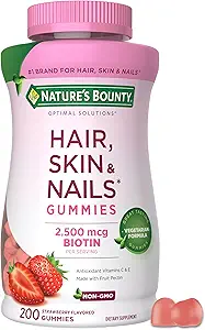 Bounty Optimal Solutions Hair, Skin and Nails Pectin Gummies, 2500 mcg Biotin Por Serving, No Stick Gummy, Fórmula Vegetariana, Strawberry Flavor, 200 cuentan, 100 Total Servings