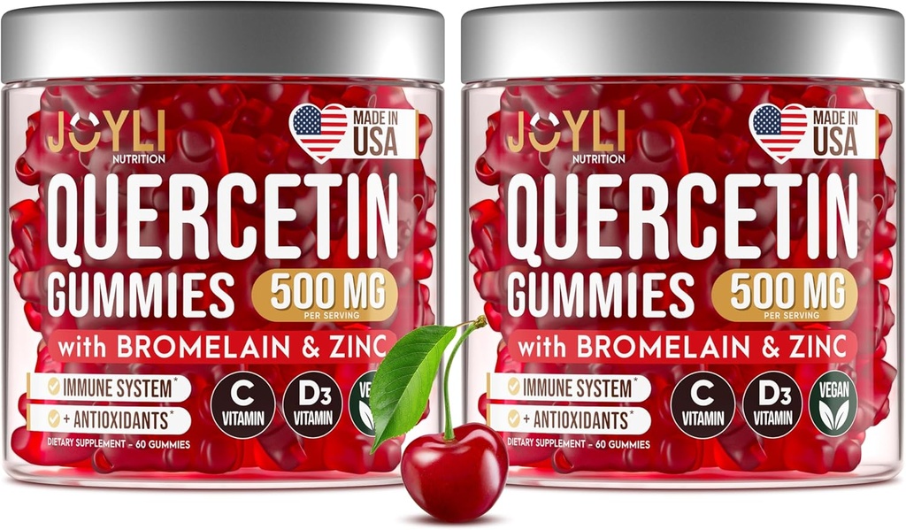 2 Pack - JOYLI Quercetin Gummies with Bromelain, Zinc, Vitamina C & D3 – Suplemento de Quercetina Libre de Azúcar para el apoyo inmunitario y bienestar estacional – 500 mg Quercetina para adultos de niños – 60 Gummies por paquete