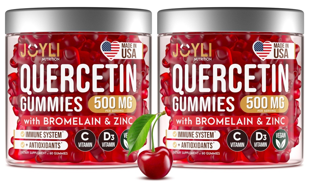 2 Pack - JOYLI Quercetin Gummies with Bromelain, Zinc, Vitamina C & D3 – Suplemento de Quercetina Libre de Azúcar para el apoyo inmunitario y bienestar estacional – 500 mg Quercetina para adultos de niños – 60 Gummies por paquete