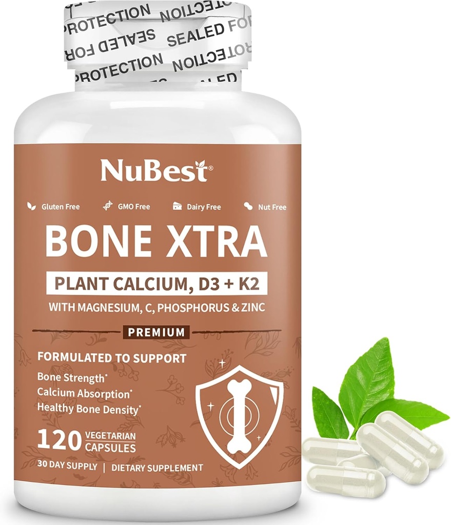 NuBest Bone Xtra Plant-Based Bone Strength Formula with Calcium, Magnesium from Marine Algae, Phosphorus, Vitamin C, K2, D3 | Immunity & Maximum Calcium Absorption | 1 Month Supply