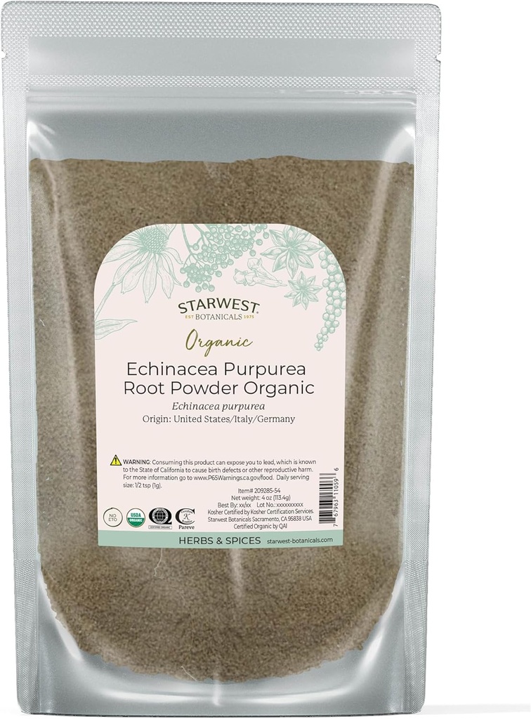 Starwest Botanicals Dried Echinacea Purpurea Root Powder Organic - Loose Herb for Tea, Tinctures, & Natural Herbal Blends, Purple Coneflower, Certified Kosher, Non-GMO - 4 oz Pouch