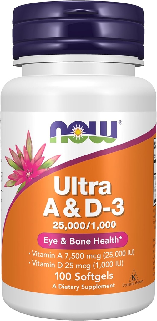 AHORA Suplementos de alimentos, vitamina A &amp; D3 25.000/1,000 UI, salud ocular*, nutrición esencial, 100 Softgels