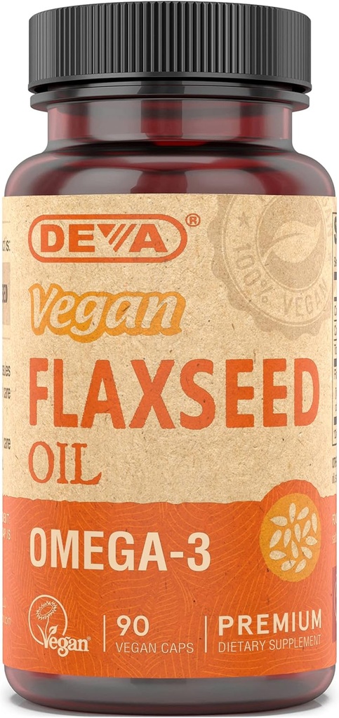 Deva Vegan Omega-3 Flaxseed Oil Supplement - 1000 MG Por Serving - Cold-Presed & Unrefined - Fish Oil Alternative - with Omega-3 ALA - 90 Capsules, 1-Pack