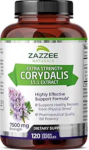 Zazzee Extra Strength Corydalis 15:1 Extract, 7500 mg Strength, 120 capsules veganos, Concentrado y Estándarizado 15X Extract, 100% Vegetariano, Grado Premium, Conolidine, All-Natural and Non-GMO