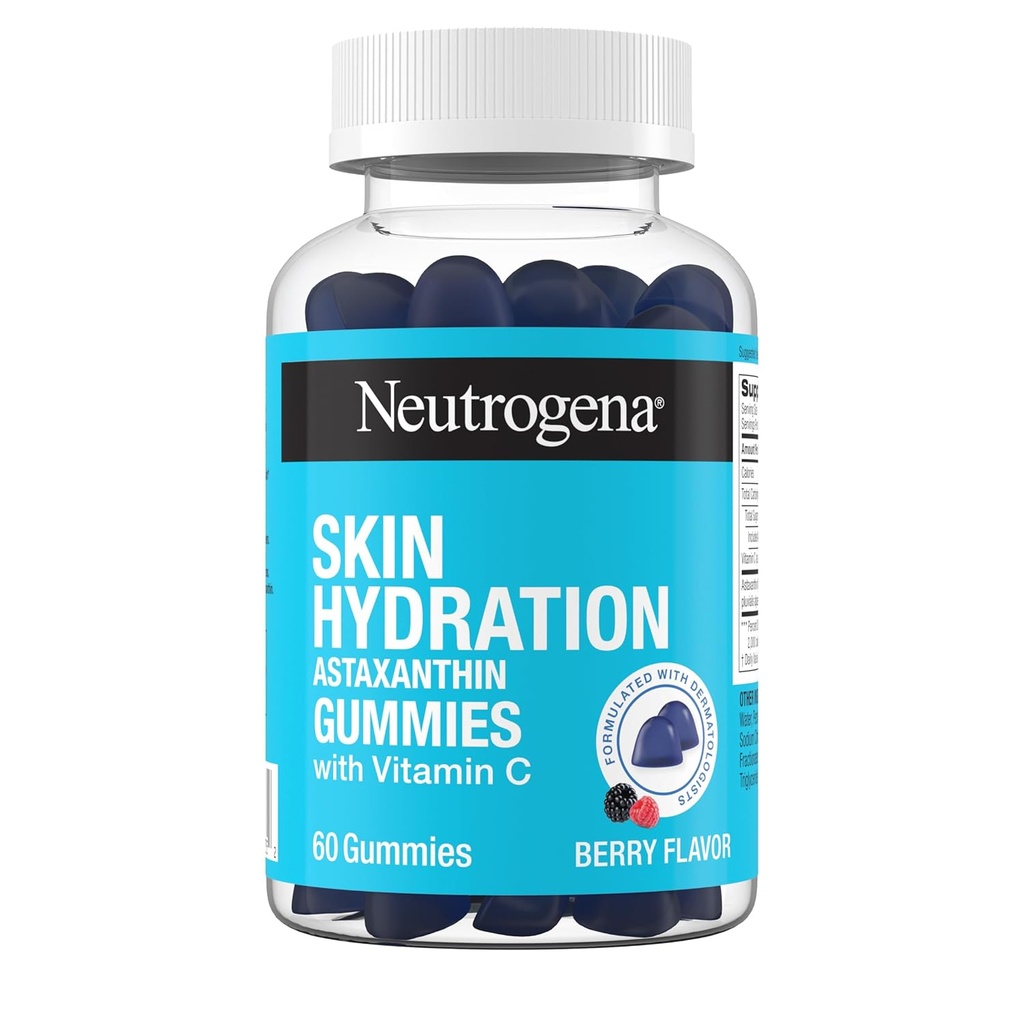 Neutrogena Hydration Astaxanthin Gummies with Vitamin C, Skincare Supplements for Hydrated, Smooth & Healthy Skin, Daily Antioxidant Gummies for Skin Health, Berry Flavor, 60 cts