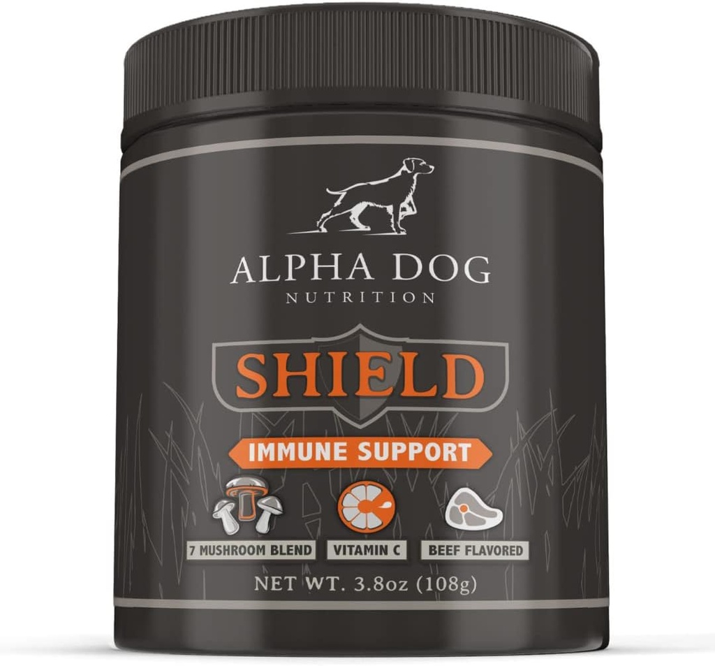 Shield Alergy Immune Support Supplement for Dogs by Alpha Dog Nutrition - 7 Nutritional Mushroom Powder Complex + Vitamina C to Boost Immunity - Up to 120 Servings for Small Breed Dogs, 108g
