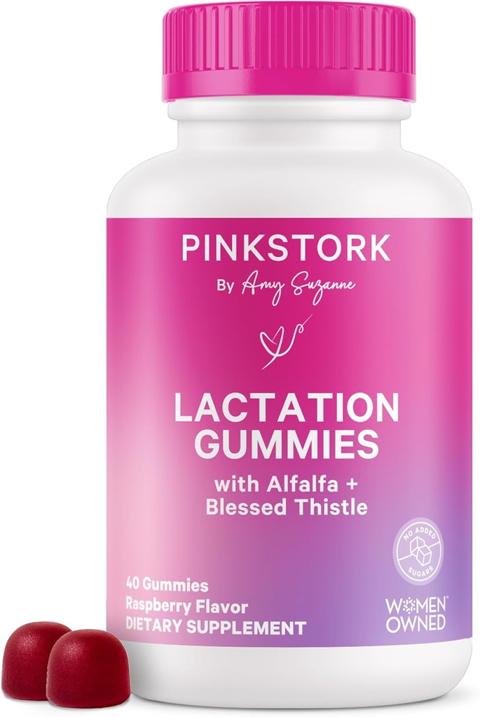 Pink Stork Lactation Supplement Gummies - Support Breast Milk Supply with Milk Thistle, Alfalfa, Vitamin D, and B12, Postpartum Recovery, Breastfeeding Essentials - Raspberry, 40 Count