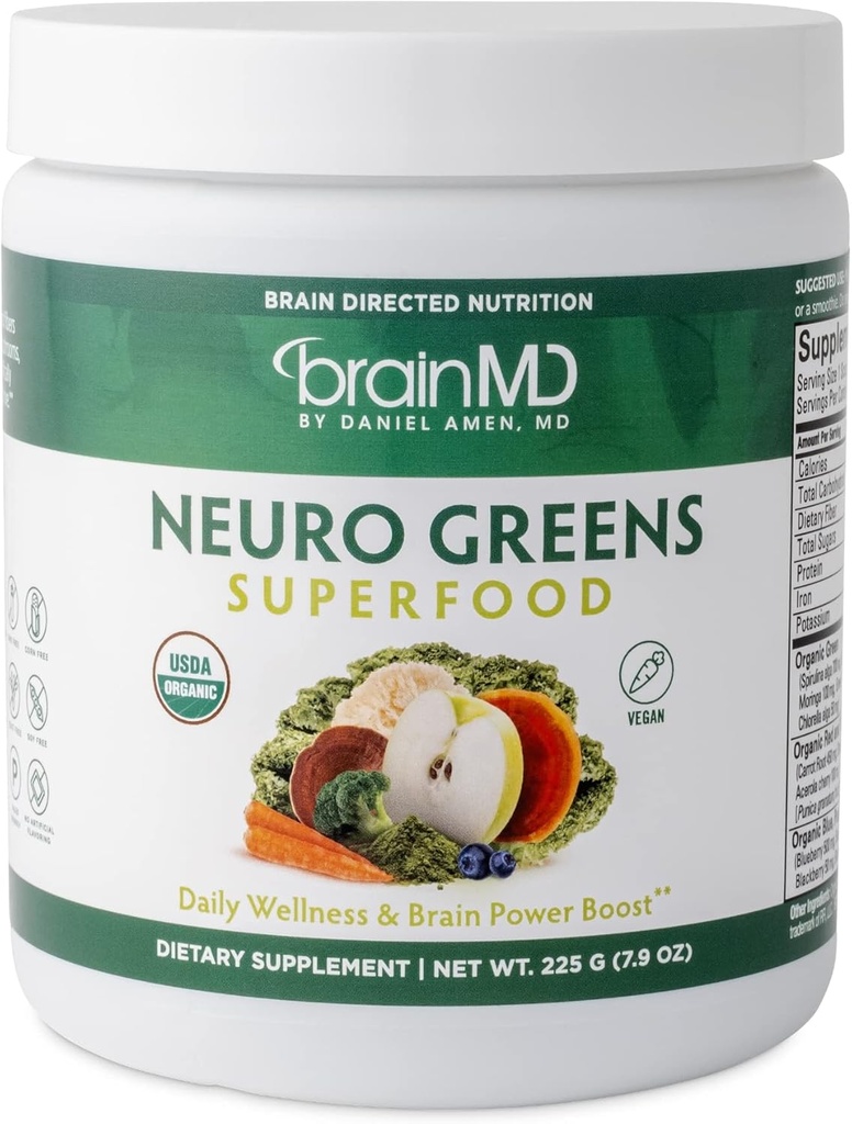 BRAINMD Dr Amen Neuro Greens Superfood - 7.9 oz - Soportes Allle-Body Wellness, Digestion + Immune & Brain Health - Gluten Free - 30 Servings