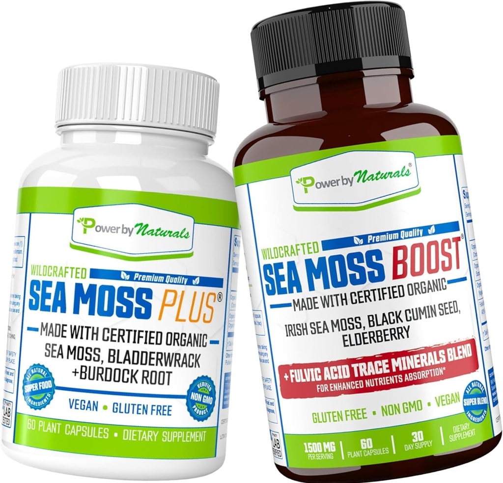 Power By Naturals Certified Organic Sea Moss Capsules Bundle (SeaMoss Plus &amp; Sea Moss Boost) - Wildcrafted, Non GMO sea Mos crudo Orgánico - 60 Gluten-Free seamoss Pills