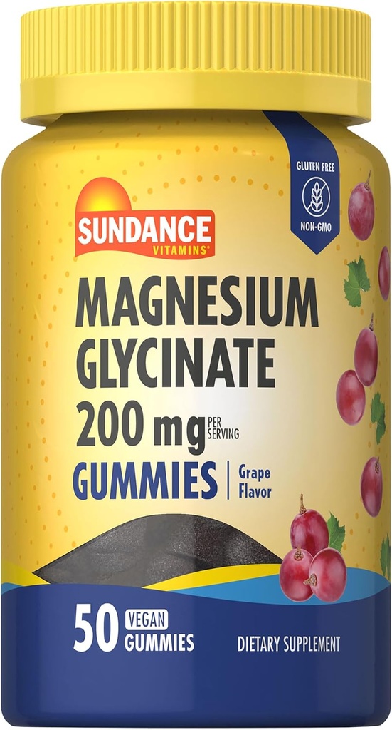 Sundance Magnesium Glycinate Gummies TENIDO 200mg ANTE 50 Conde ← Grape Flavor TEN Vegan, Non-GMO, y Gluten Free Supplement