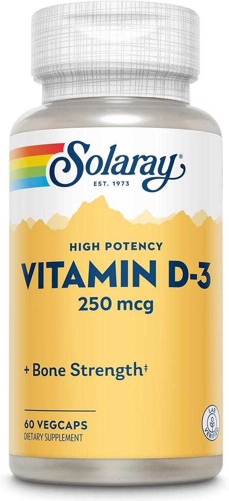 SOLARAY Vitamina D3 10000IU (250 mcg) - Vitamina D de alta potencia - con VIT D3 como Cholecalciferol - Huesos fuertes y suplemento de soporte de inmune - Garantía de 60 días, 60 Servimientos, 60 VegCaps