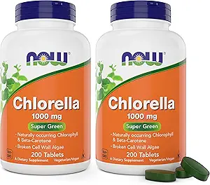 Now Chlorella 1000mg Tablets - 200 Count (Pack of 2) - Natural Occurring Chlorophyll, Beta-Carotene - Non-GMO, Vegan - Green Super Food Supplement for Women and Men