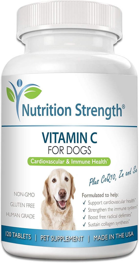 Vitamina C para perros para apoyar la salud cardiovascular, ayuda a fortalecer el sistema inmunitario, defensas radicales libres y síntesis de colágeno sostenible, 120 tabletas picables