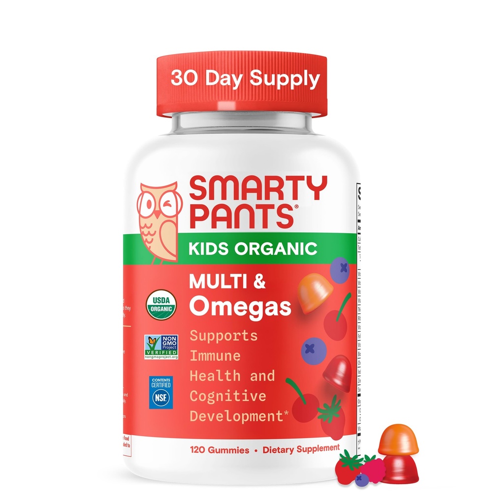SmartyPants Organic Kids Multivitamin Gummies: Omega 3 (ALA), Vitamina D3, C, Vitamina B12, B6, A, K & Zinc for Immune Support, Biotin, Vegetarian, Three Fruit Flavors, 120 Cuenta (30 Day Supply)