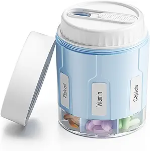 Organizador de botellas Daviky, organizador de suplementos con 7 grandes compartimentos, dispensador de carga de viaje caja redonda con dos tapas