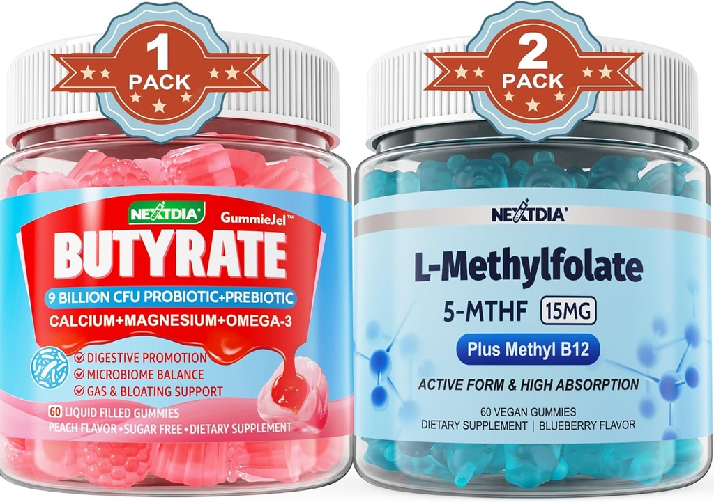 Butyrate con Probiótico + Prebiótico + Postbiótico, L-MetilFolate 15mg Gummies