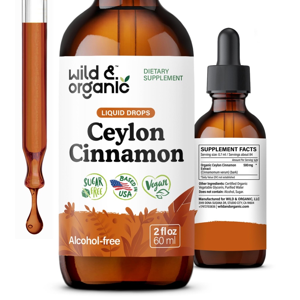 Wild &amp; Organic Ceylon Cinnamon Extract Liquid Drops 500mg - Liquid Cinnamon Supplements for General Support - Cinnamomum Verum Bark Tincture - Vegan, Sugar &amp; Alcohol-Free, Non-GMO - 2 fl oz