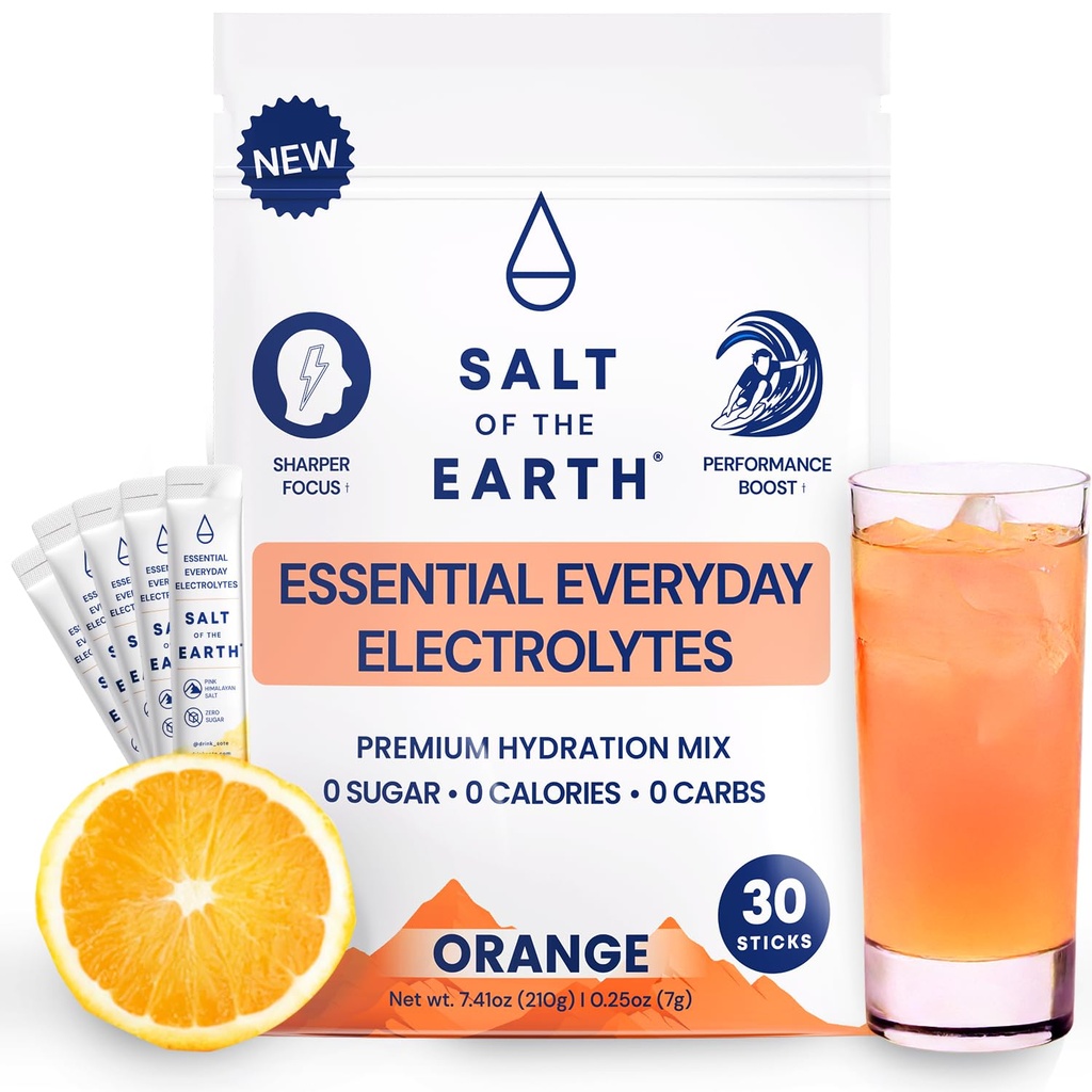 Salt of the Earth Premium Zero-Sugar Electrolyte - Made with Pink Himalayan Salt - Hydration Powder Packets | Premium Ingredients | Keto & Paleo Friendly | 30 Sticks, Orange